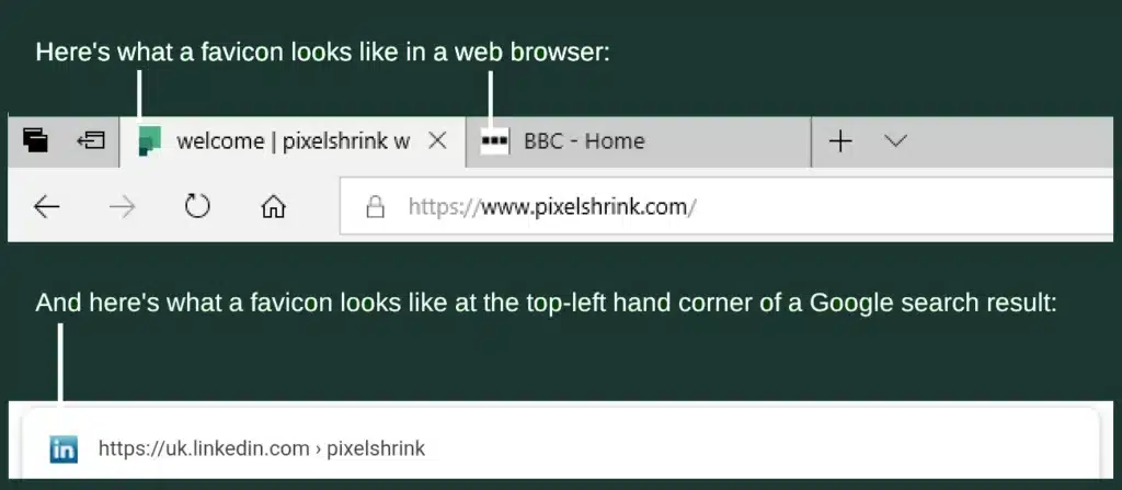 Screenshots of what favicons look like in browser tabs and Google search results