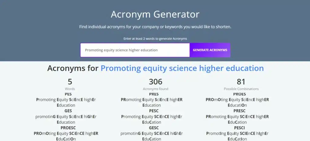 Acronym generator screenshot