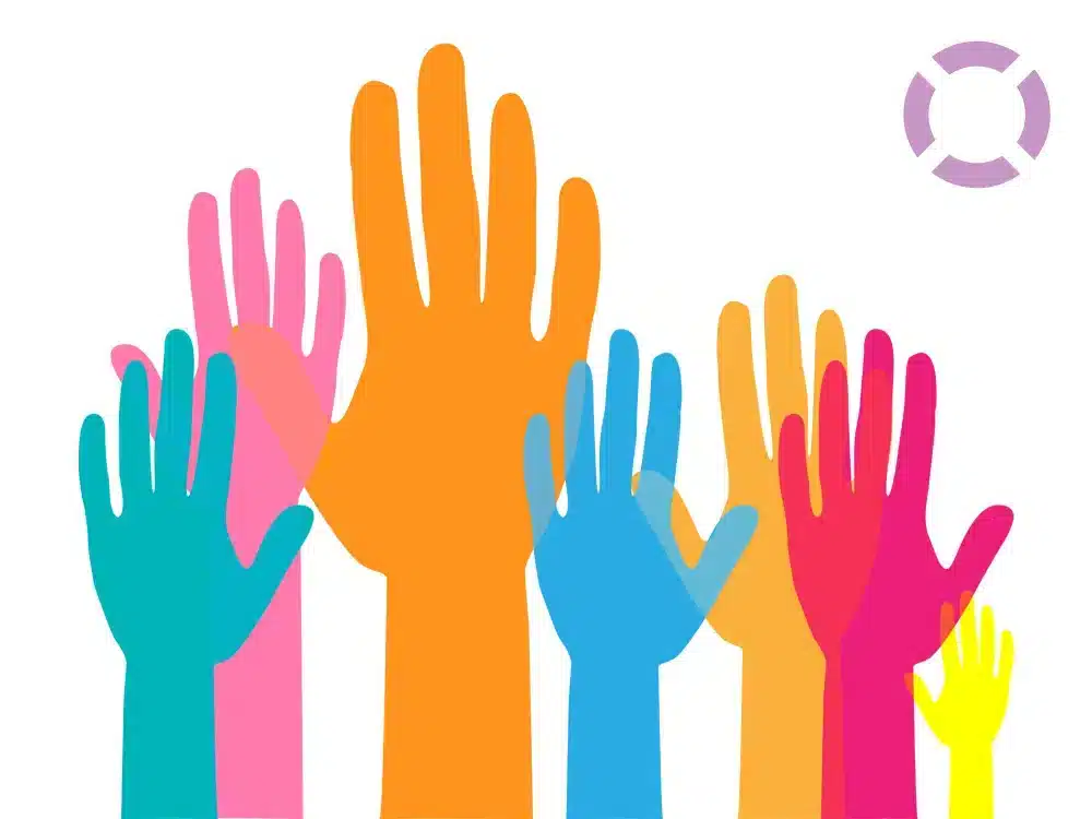 Graphic of colourful hands held in the air