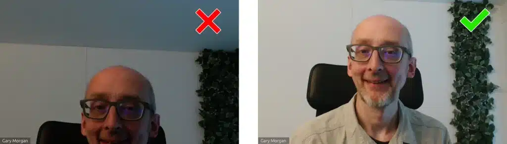 Comparison of video call recordings, one badly lit and aligned, the other well lit and centered in high resolution
