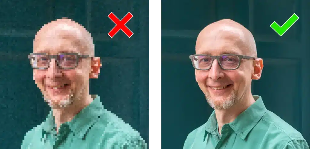 Comparison of 2 images: one of which is low resolution and pixellated and blocky, the other is high resolution and sharp