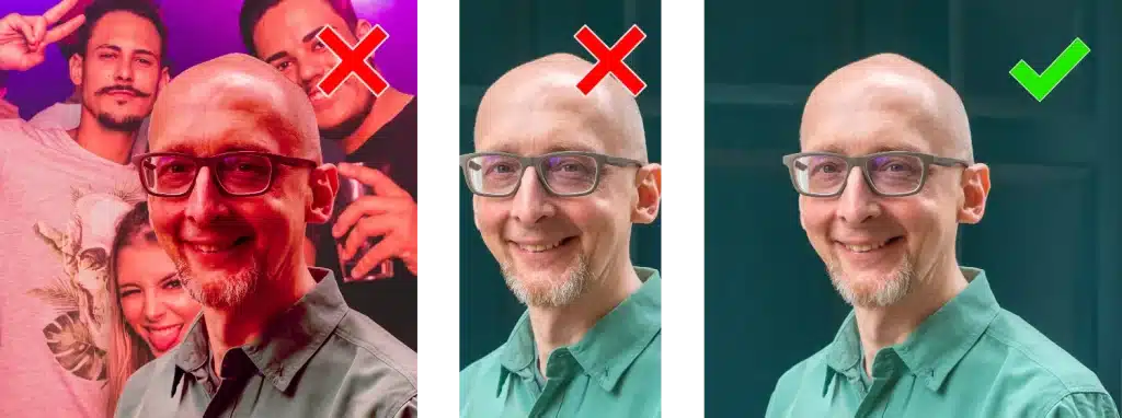 Comparison of headshots: one at a party, one which is cropped too much so there's no space either side, compared to how they should be with space either side and a plain background
