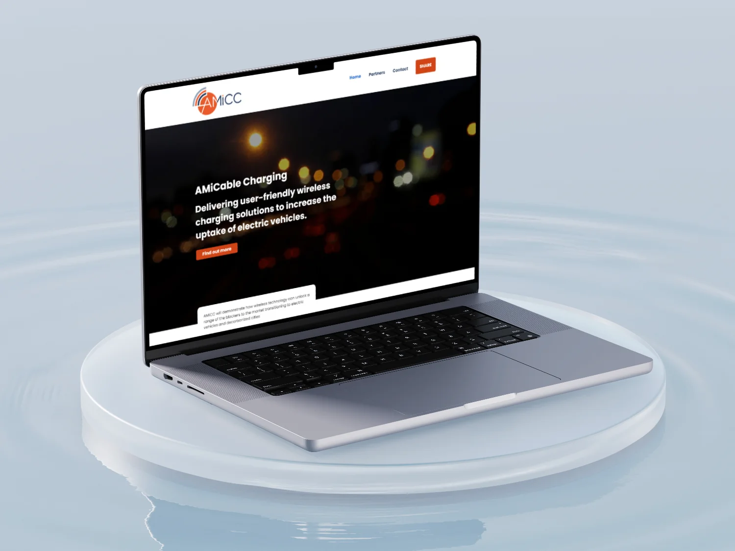 Mock-up of the AMiCable website on a laptop sitting on a floating platform