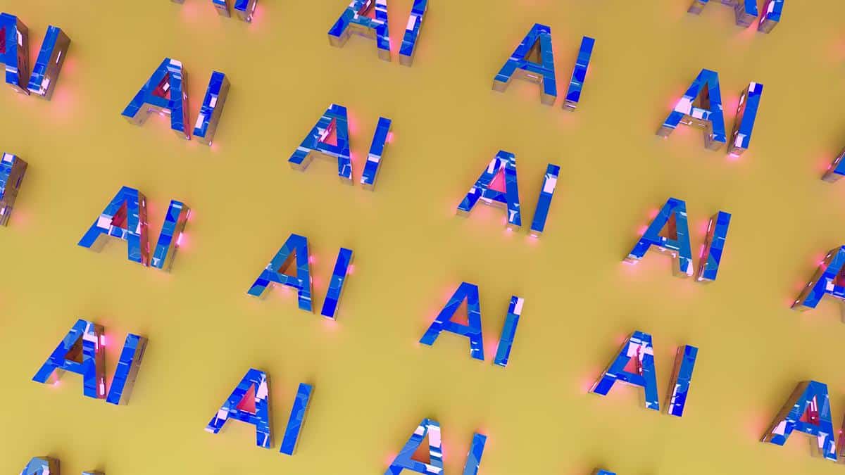 Repeating pattern of the word "AI" on a yellow background
