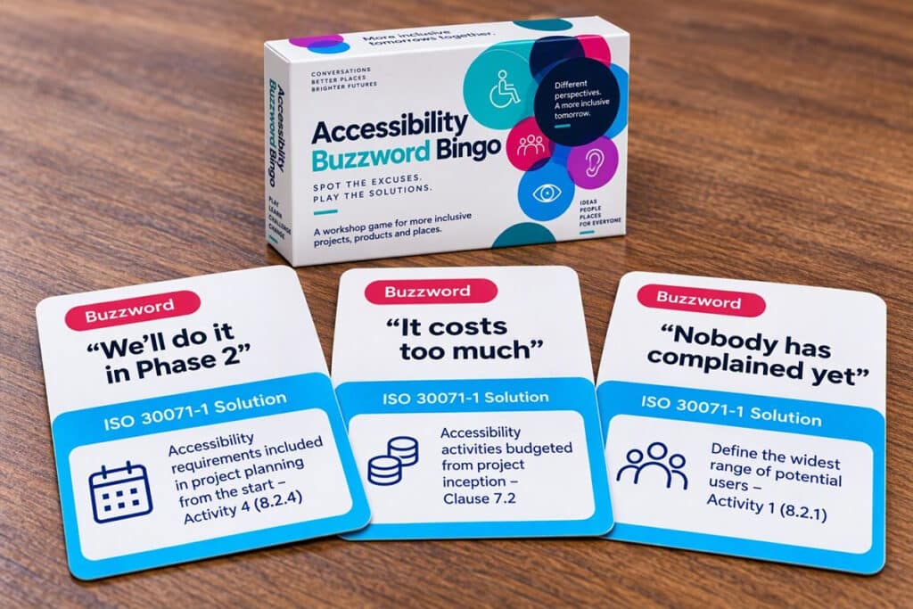 Accessibility buzzword bingo cards laid out on a table